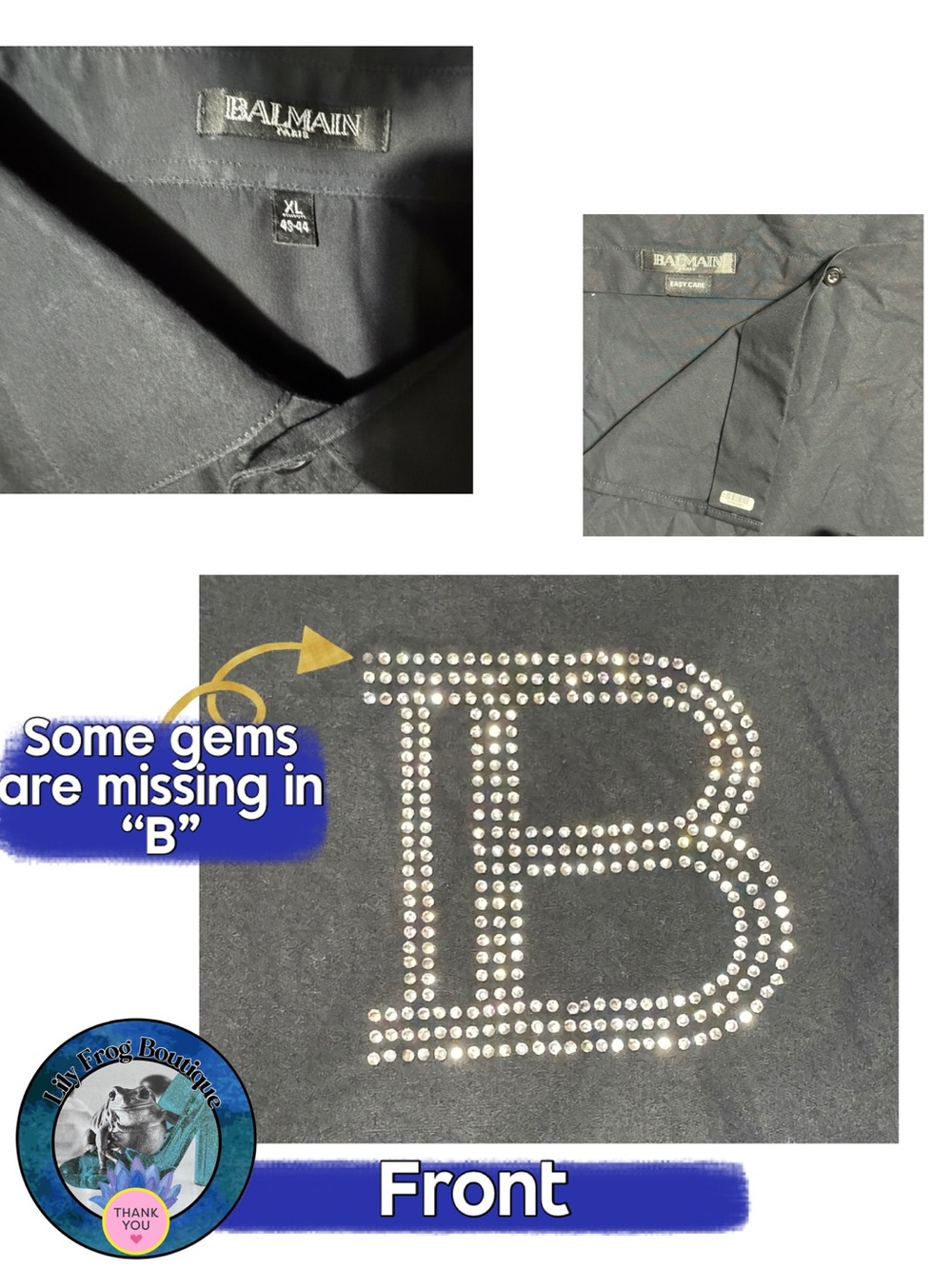 USED Balmain Black Men’s Button-Down Shirt w/ Rhinestone “B” and Snake Accent-XL - Picture 2 of 5